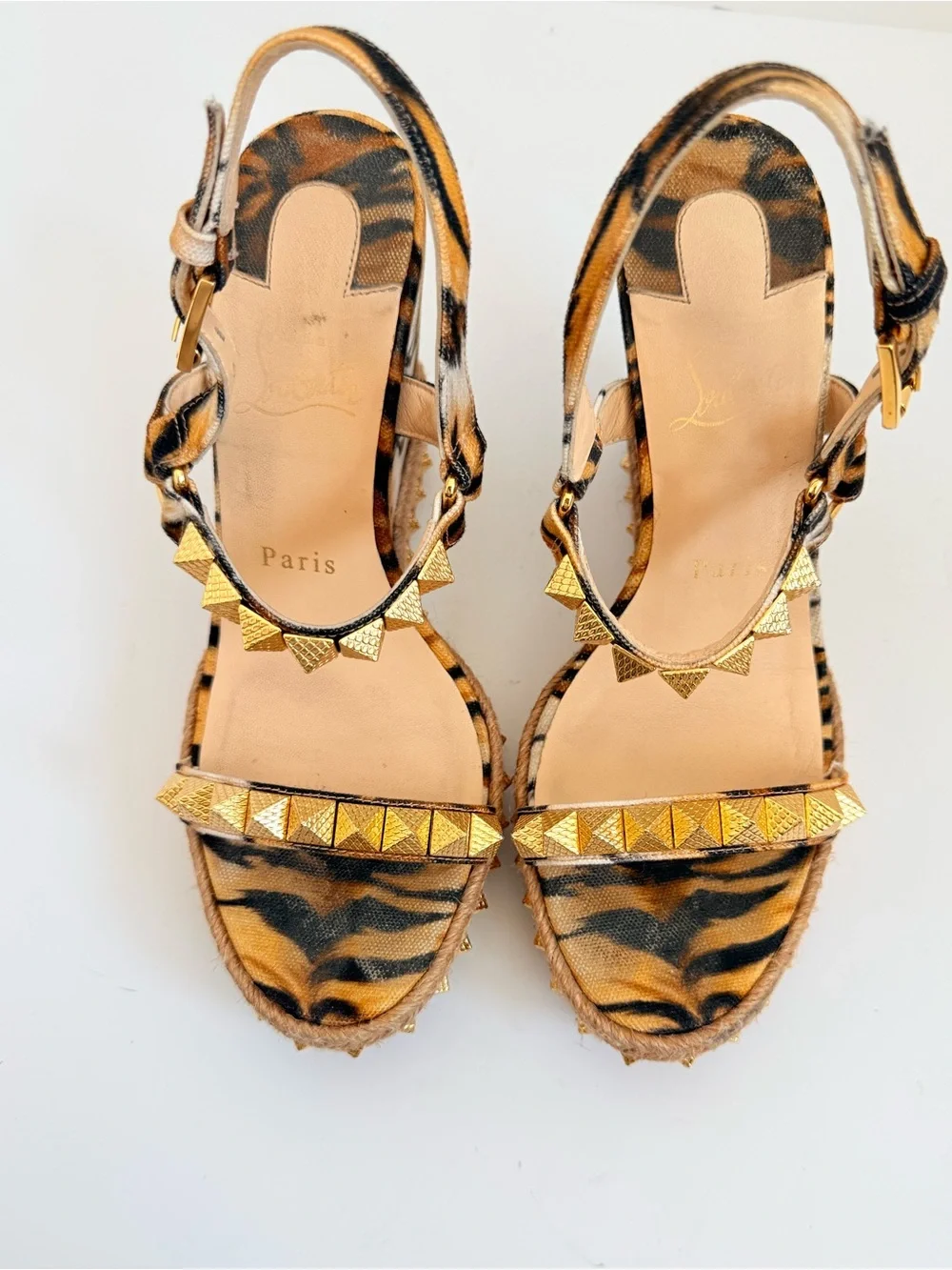 Christian Louboutin Pyraclou 110 Tivoli Gold Stud Espadrille Wedge Sandals 38